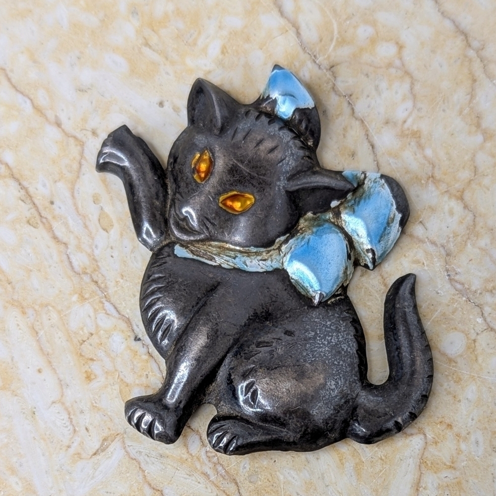 Vintage Pressed Sterling Silver Blue Ribbon Gold Eyes 1950's Kitten Cat Brooch